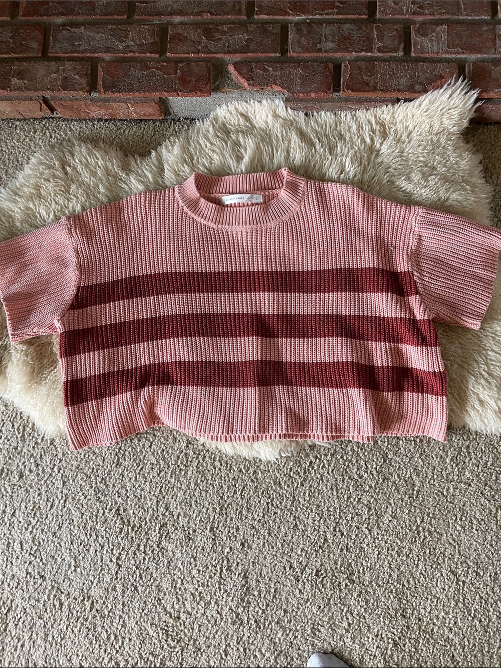 Altar'd State Pink and Burgundy Striped Short Sleeve Sweater